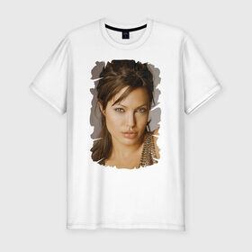 Мужская футболка премиум с принтом Анджелина Джоли в Белгороде, 92% хлопок, 8% лайкра | приталенный силуэт, круглый вырез ворота, длина до линии бедра, короткий рукав | Тематика изображения на принте: angelina jolie | анджелина джоли | кинозвезда