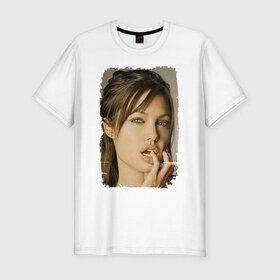 Мужская футболка премиум с принтом Анджелина Джоли в Белгороде, 92% хлопок, 8% лайкра | приталенный силуэт, круглый вырез ворота, длина до линии бедра, короткий рукав | Тематика изображения на принте: angelina jolie | анджелина джоли | кинозвезда