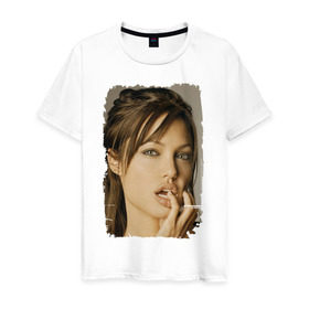 Мужская футболка хлопок с принтом Анджелина Джоли в Белгороде, 100% хлопок | прямой крой, круглый вырез горловины, длина до линии бедер, слегка спущенное плечо. | Тематика изображения на принте: angelina jolie | анджелина джоли | кинозвезда