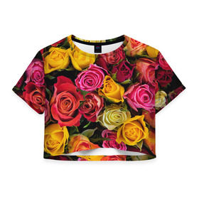Женская футболка 3D укороченная с принтом Цветы в Белгороде, 100% полиэстер | круглая горловина, длина футболки до линии талии, рукава с отворотами | flower | девушкам | розы | цветочки | цветы