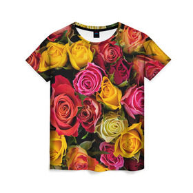 Женская футболка 3D с принтом Цветы в Белгороде, 100% полиэфир ( синтетическое хлопкоподобное полотно) | прямой крой, круглый вырез горловины, длина до линии бедер | flower | девушкам | розы | цветочки | цветы