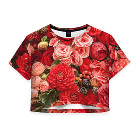 Женская футболка 3D укороченная с принтом Цветы в Белгороде, 100% полиэстер | круглая горловина, длина футболки до линии талии, рукава с отворотами | flower | девушкам | розы | цветочки | цветы