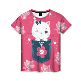 Женская футболка 3D с принтом Котик в Белгороде, 100% полиэфир ( синтетическое хлопкоподобное полотно) | прямой крой, круглый вырез горловины, длина до линии бедер | девушкам | карман | киса | котик | кошка | цветы