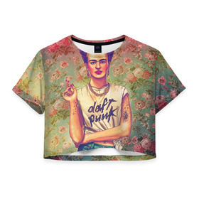 Женская футболка 3D укороченная с принтом Фрида в Белгороде, 100% полиэстер | круглая горловина, длина футболки до линии талии, рукава с отворотами | девушка | искусство | кало | фрида | цветы