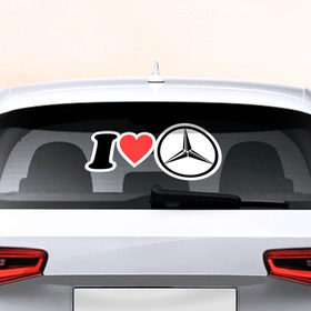 Наклейка на авто - для заднего стекла с принтом I love Mercedes в Белгороде, ПВХ | Точные размеры наклейки зависят от выбранного изображения (ширина не больше 75 мм, высота не больше 45 мм) | автобренд | лого | машина | мерседес | я люблю