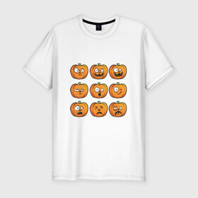 Мужская футболка премиум с принтом Набор тыкв (Хеллоуин) в Белгороде, 92% хлопок, 8% лайкра | приталенный силуэт, круглый вырез ворота, длина до линии бедра, короткий рукав | halloween | мистика | смайл | тыква | ужас | хеллоуин