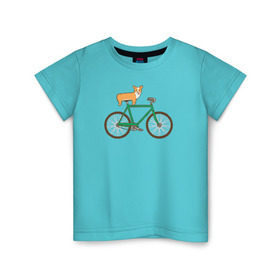 Детская футболка хлопок с принтом Корги на велосипеде в Белгороде, 100% хлопок | круглый вырез горловины, полуприлегающий силуэт, длина до линии бедер | Тематика изображения на принте: велосипед | корги | собака
