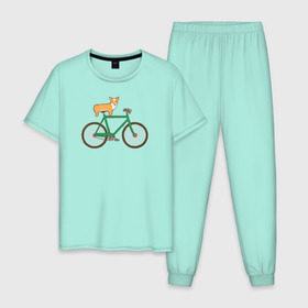 Мужская пижама хлопок с принтом Корги на велосипеде в Белгороде, 100% хлопок | брюки и футболка прямого кроя, без карманов, на брюках мягкая резинка на поясе и по низу штанин
 | Тематика изображения на принте: велосипед | корги | собака