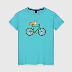 Женская футболка хлопок с принтом Корги на велосипеде в Белгороде, 100% хлопок | прямой крой, круглый вырез горловины, длина до линии бедер, слегка спущенное плечо | велосипед | корги | собака