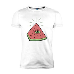 Мужская футболка премиум с принтом Арбуз в Белгороде, 92% хлопок, 8% лайкра | приталенный силуэт, круглый вырез ворота, длина до линии бедра, короткий рукав | арбуз | масоны | пирамида | фрукт | ягода