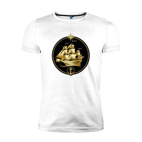 Мужская футболка премиум с принтом Золотой парусник в Белгороде, 92% хлопок, 8% лайкра | приталенный силуэт, круглый вырез ворота, длина до линии бедра, короткий рукав | золото | золотой парусникморяк | корабль | море | парусник | якорь