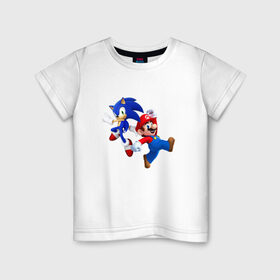 Детская футболка хлопок с принтом Sonic and Mario в Белгороде, 100% хлопок | круглый вырез горловины, полуприлегающий силуэт, длина до линии бедер | nintendo | марио | нинтендо