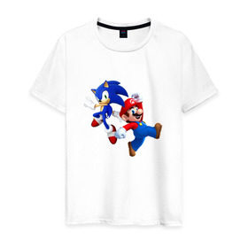 Мужская футболка хлопок с принтом Sonic and Mario в Белгороде, 100% хлопок | прямой крой, круглый вырез горловины, длина до линии бедер, слегка спущенное плечо. | nintendo | марио | нинтендо