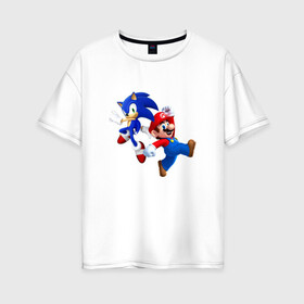 Женская футболка хлопок Oversize с принтом Sonic and Mario в Белгороде, 100% хлопок | свободный крой, круглый ворот, спущенный рукав, длина до линии бедер
 | nintendo | марио | нинтендо