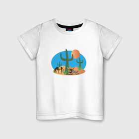 Детская футболка хлопок с принтом Мексиканский пейзаж в Белгороде, 100% хлопок | круглый вырез горловины, полуприлегающий силуэт, длина до линии бедер | кактус | мексика | мексиканский пейзажпейзаж