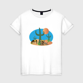 Женская футболка хлопок с принтом Мексиканский пейзаж в Белгороде, 100% хлопок | прямой крой, круглый вырез горловины, длина до линии бедер, слегка спущенное плечо | кактус | мексика | мексиканский пейзажпейзаж