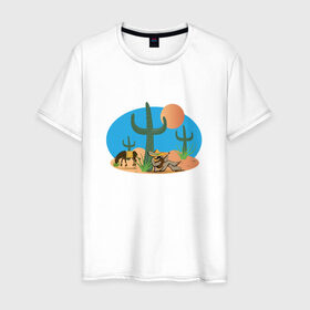 Мужская футболка хлопок с принтом Мексиканский пейзаж в Белгороде, 100% хлопок | прямой крой, круглый вырез горловины, длина до линии бедер, слегка спущенное плечо. | кактус | мексика | мексиканский пейзажпейзаж