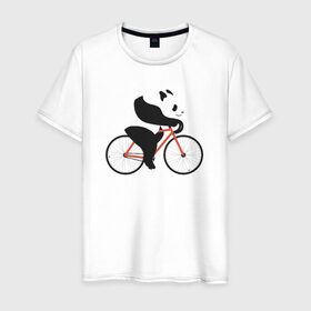 Мужская футболка хлопок с принтом Панда на велосипеде в Белгороде, 100% хлопок | прямой крой, круглый вырез горловины, длина до линии бедер, слегка спущенное плечо. | Тематика изображения на принте: панда