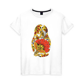 Женская футболка хлопок с принтом Матрёшка хохлома в Белгороде, 100% хлопок | прямой крой, круглый вырез горловины, длина до линии бедер, слегка спущенное плечо | матрёшка | матрёшка хохломахохлома | орнамент | узор