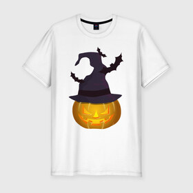 Мужская футболка премиум с принтом Тыква в колпаке в Белгороде, 92% хлопок, 8% лайкра | приталенный силуэт, круглый вырез ворота, длина до линии бедра, короткий рукав | halloween | колпак | мистика | тыква | ужас | хеллоуин