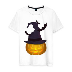 Мужская футболка хлопок с принтом Тыква в колпаке в Белгороде, 100% хлопок | прямой крой, круглый вырез горловины, длина до линии бедер, слегка спущенное плечо. | halloween | колпак | мистика | тыква | ужас | хеллоуин