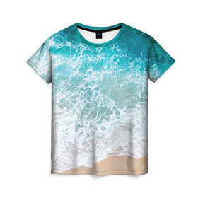Женская футболка 3D с принтом Берег в Белгороде, 100% полиэфир ( синтетическое хлопкоподобное полотно) | прямой крой, круглый вырез горловины, длина до линии бедер | Тематика изображения на принте: берег | вода | волны | море | пляж | прилив
