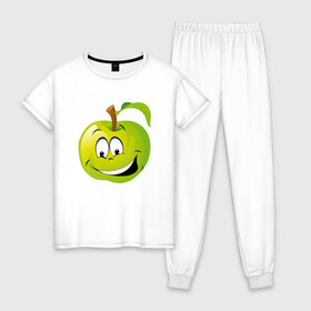 Женская пижама хлопок с принтом Яблоко в Белгороде, 100% хлопок | брюки и футболка прямого кроя, без карманов, на брюках мягкая резинка на поясе и по низу штанин | смайлик | улыбка | фрукты | яблоко | яблокосмайл