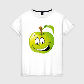 Женская футболка хлопок с принтом Яблоко в Белгороде, 100% хлопок | прямой крой, круглый вырез горловины, длина до линии бедер, слегка спущенное плечо | смайлик | улыбка | фрукты | яблоко | яблокосмайл