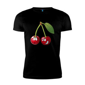 Мужская футболка премиум с принтом Вишня в Белгороде, 92% хлопок, 8% лайкра | приталенный силуэт, круглый вырез ворота, длина до линии бедра, короткий рукав | вишнявишня | смайл | смайлик | улыбка | фрукты