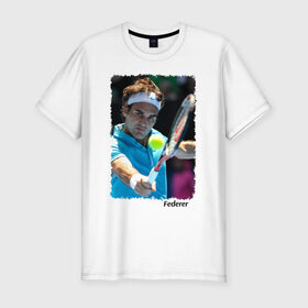 Мужская футболка премиум с принтом Роджер Федерер в Белгороде, 92% хлопок, 8% лайкра | приталенный силуэт, круглый вырез ворота, длина до линии бедра, короткий рукав | Тематика изображения на принте: roger federer | роджер федерер | теннис | чампион