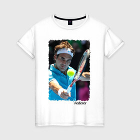 Женская футболка хлопок с принтом Роджер Федерер в Белгороде, 100% хлопок | прямой крой, круглый вырез горловины, длина до линии бедер, слегка спущенное плечо | roger federer | роджер федерер | теннис | чампион