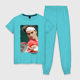Женская пижама хлопок с принтом Роджер Федерер в Белгороде, 100% хлопок | брюки и футболка прямого кроя, без карманов, на брюках мягкая резинка на поясе и по низу штанин | roger federer | роджер федерер | теннис | чемпион