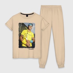 Женская пижама хлопок с принтом Рафаэль Надаль в Белгороде, 100% хлопок | брюки и футболка прямого кроя, без карманов, на брюках мягкая резинка на поясе и по низу штанин | rafael nadal | рафаэль надаль | теннис | чемпион