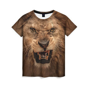 Женская футболка 3D с принтом Лев в Белгороде, 100% полиэфир ( синтетическое хлопкоподобное полотно) | прямой крой, круглый вырез горловины, длина до линии бедер | животные | злой лев | зубы | лев | оскал