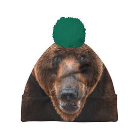Шапка 3D c помпоном с принтом Медведь в Белгороде, 100% полиэстер | универсальный размер, печать по всей поверхности изделия | бурый | гризли | животные | медведь | мишка