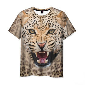 Мужская футболка 3D с принтом Леопард в Белгороде, 100% полиэфир | прямой крой, круглый вырез горловины, длина до линии бедер | животные | зубы | киса | киска | кошка | леопард | оскал