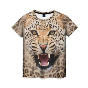 Женская футболка 3D с принтом Леопард в Белгороде, 100% полиэфир ( синтетическое хлопкоподобное полотно) | прямой крой, круглый вырез горловины, длина до линии бедер | животные | зубы | киса | киска | кошка | леопард | оскал
