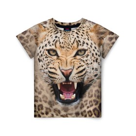 Детская футболка 3D с принтом Леопард в Белгороде, 100% гипоаллергенный полиэфир | прямой крой, круглый вырез горловины, длина до линии бедер, чуть спущенное плечо, ткань немного тянется | Тематика изображения на принте: животные | зубы | киса | киска | кошка | леопард | оскал
