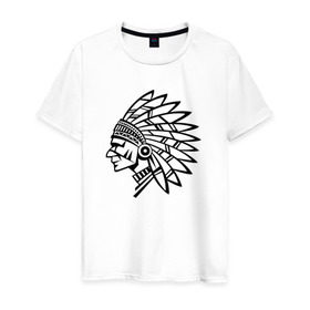 Мужская футболка хлопок с принтом Индеец в Белгороде, 100% хлопок | прямой крой, круглый вырез горловины, длина до линии бедер, слегка спущенное плечо. | Тематика изображения на принте: вождь | индеец | индеецперья | индейцы | узоры