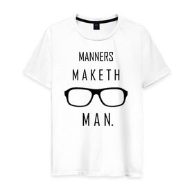 Мужская футболка хлопок с принтом Kingsman Manners maketh man. в Белгороде, 100% хлопок | прямой крой, круглый вырез горловины, длина до линии бедер, слегка спущенное плечо. | Тематика изображения на принте: kingsman manners maketh man. кингсмен
