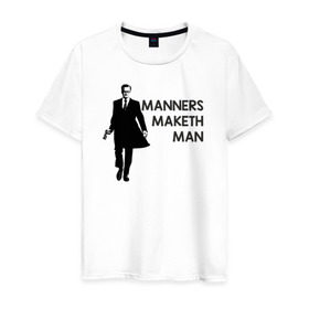 Мужская футболка хлопок с принтом Manners Maketh Man в Белгороде, 100% хлопок | прямой крой, круглый вырез горловины, длина до линии бедер, слегка спущенное плечо. | Тематика изображения на принте: manners maketh man kingsman кингсман