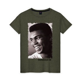 Женская футболка хлопок с принтом Мухаммед Али (Muhammad Ali) в Белгороде, 100% хлопок | прямой крой, круглый вырез горловины, длина до линии бедер, слегка спущенное плечо | мухаммед али
