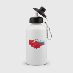 Бутылка спортивная с принтом Россия Китай в Белгороде, металл | емкость — 500 мл, в комплекте две пластиковые крышки и карабин для крепления | европа | китай | россия | руки | сила