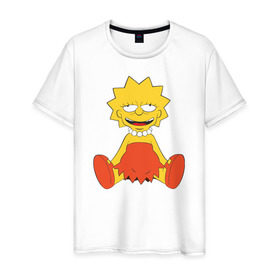 Мужская футболка хлопок с принтом Lisa Simpson happy в Белгороде, 100% хлопок | прямой крой, круглый вырез горловины, длина до линии бедер, слегка спущенное плечо. | 
