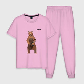 Мужская пижама хлопок с принтом Медведь Plan B №2 (чёрный) в Белгороде, 100% хлопок | брюки и футболка прямого кроя, без карманов, на брюках мягкая резинка на поясе и по низу штанин
 | Тематика изображения на принте: planb | кальян | медведь | на макете изображен бурый медведь с кальяном | планб