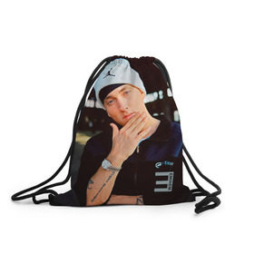 Рюкзак-мешок 3D с принтом Eminem в Белгороде, 100% полиэстер | плотность ткани — 200 г/м2, размер — 35 х 45 см; лямки — толстые шнурки, застежка на шнуровке, без карманов и подкладки | Тематика изображения на принте: eminem | music | rap | музыка | реп | эминем