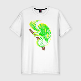 Мужская футболка премиум с принтом Кислотный Хамелеон в Белгороде, 92% хлопок, 8% лайкра | приталенный силуэт, круглый вырез ворота, длина до линии бедра, короткий рукав | амфибия | животное | кислота | хамелеон