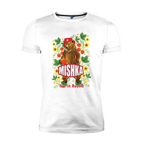 Мужская футболка премиум с принтом MISHKA в Белгороде, 92% хлопок, 8% лайкра | приталенный силуэт, круглый вырез ворота, длина до линии бедра, короткий рукав | Тематика изображения на принте: медведь | мишка | россия | русский | хохлома | ягода