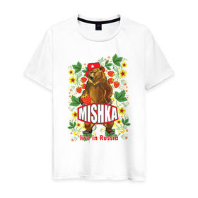 Мужская футболка хлопок с принтом MISHKA в Белгороде, 100% хлопок | прямой крой, круглый вырез горловины, длина до линии бедер, слегка спущенное плечо. | Тематика изображения на принте: медведь | мишка | россия | русский | хохлома | ягода