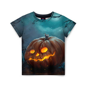 Детская футболка 3D с принтом Тыква в Белгороде, 100% гипоаллергенный полиэфир | прямой крой, круглый вырез горловины, длина до линии бедер, чуть спущенное плечо, ткань немного тянется | halloween | праздник | тыква | хэллоуин